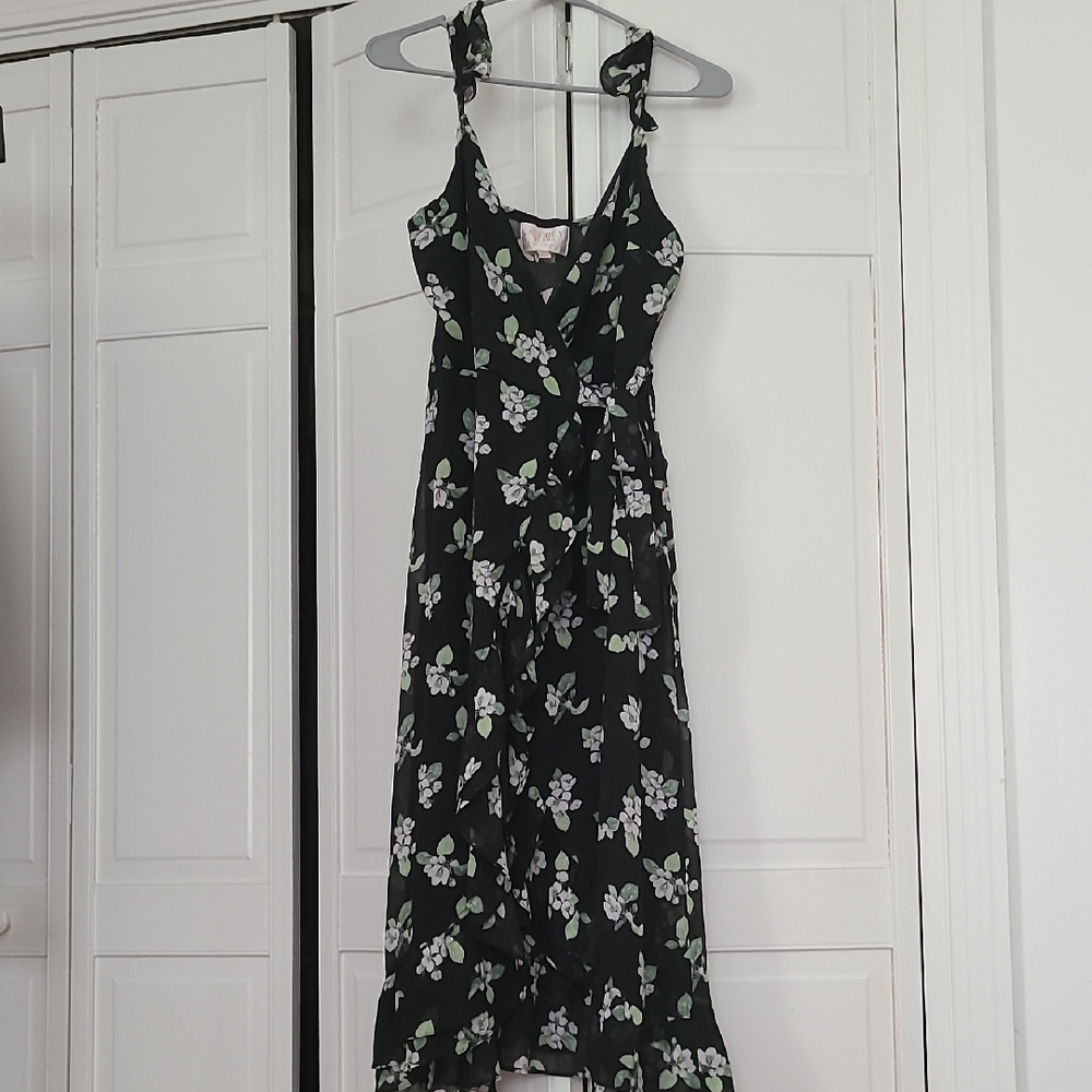 NWT Black Floral Maxi Dress with Tie-Shoulder Straps